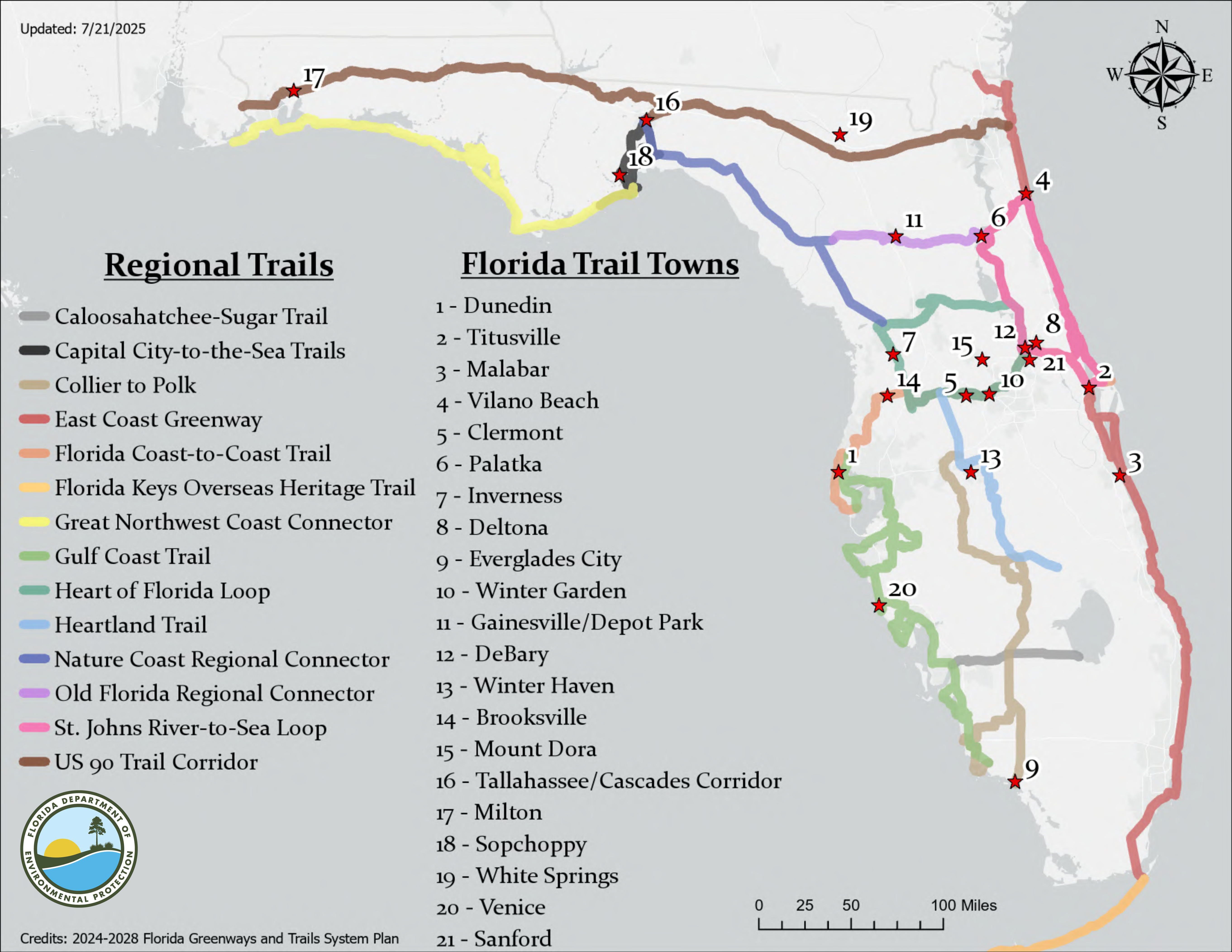 Trail Town Numbered Map with regional corridors.