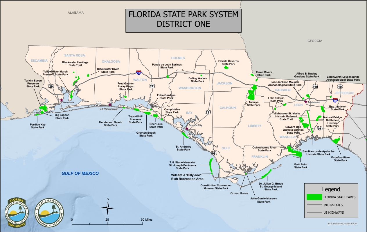Map showing all Florida state parks within district 1