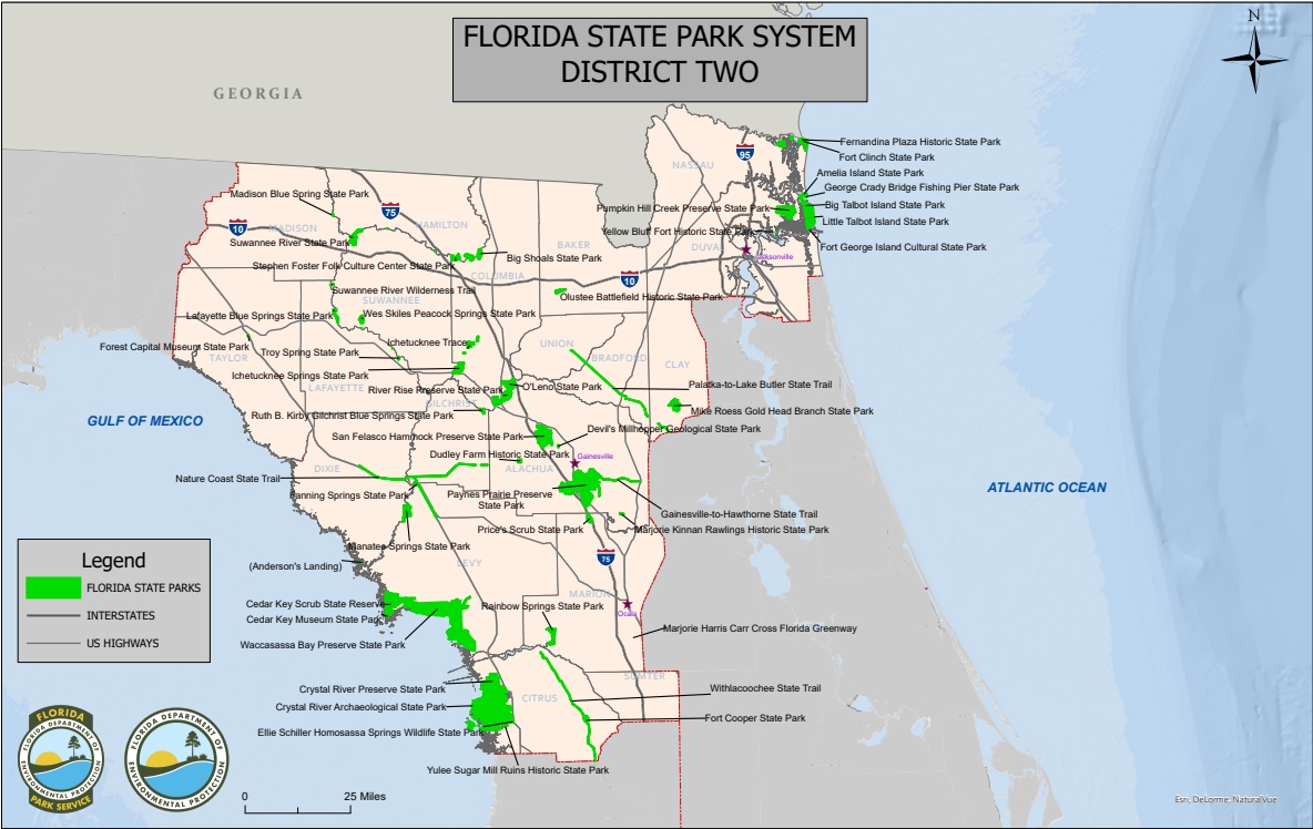 Map showing all Florida state parks within district 2