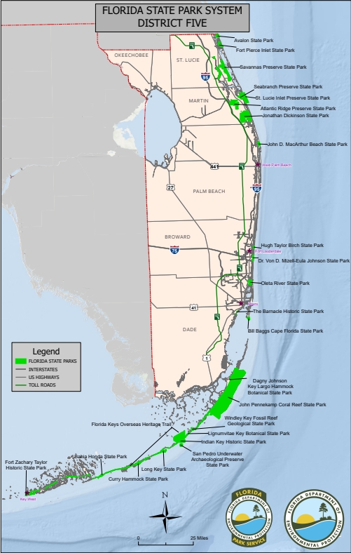 Map showing all Florida state parks within district 5