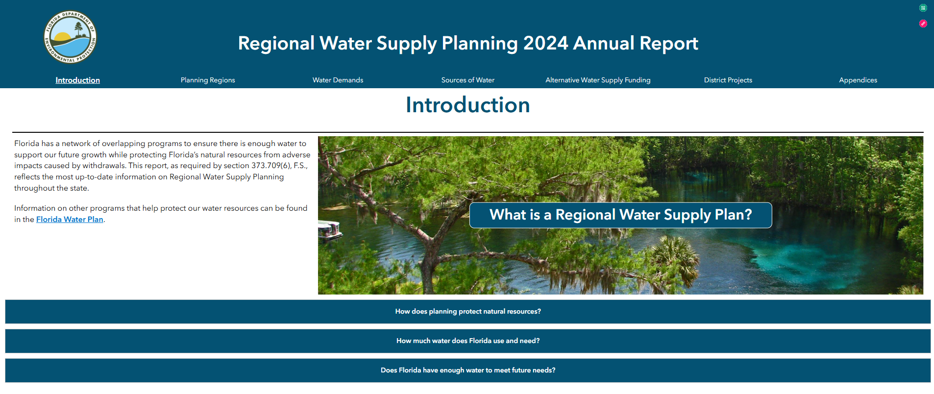 Screen capture of the interactive Regional Water Supply Annual Report StoryMap.