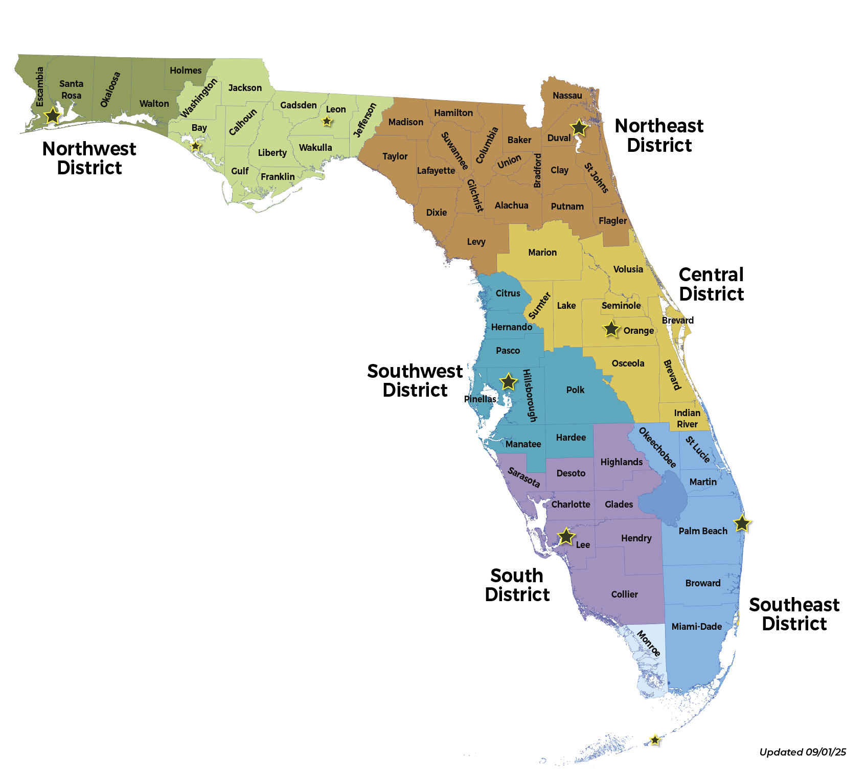 Map of Florida with District Boundaries with Counties Labeled