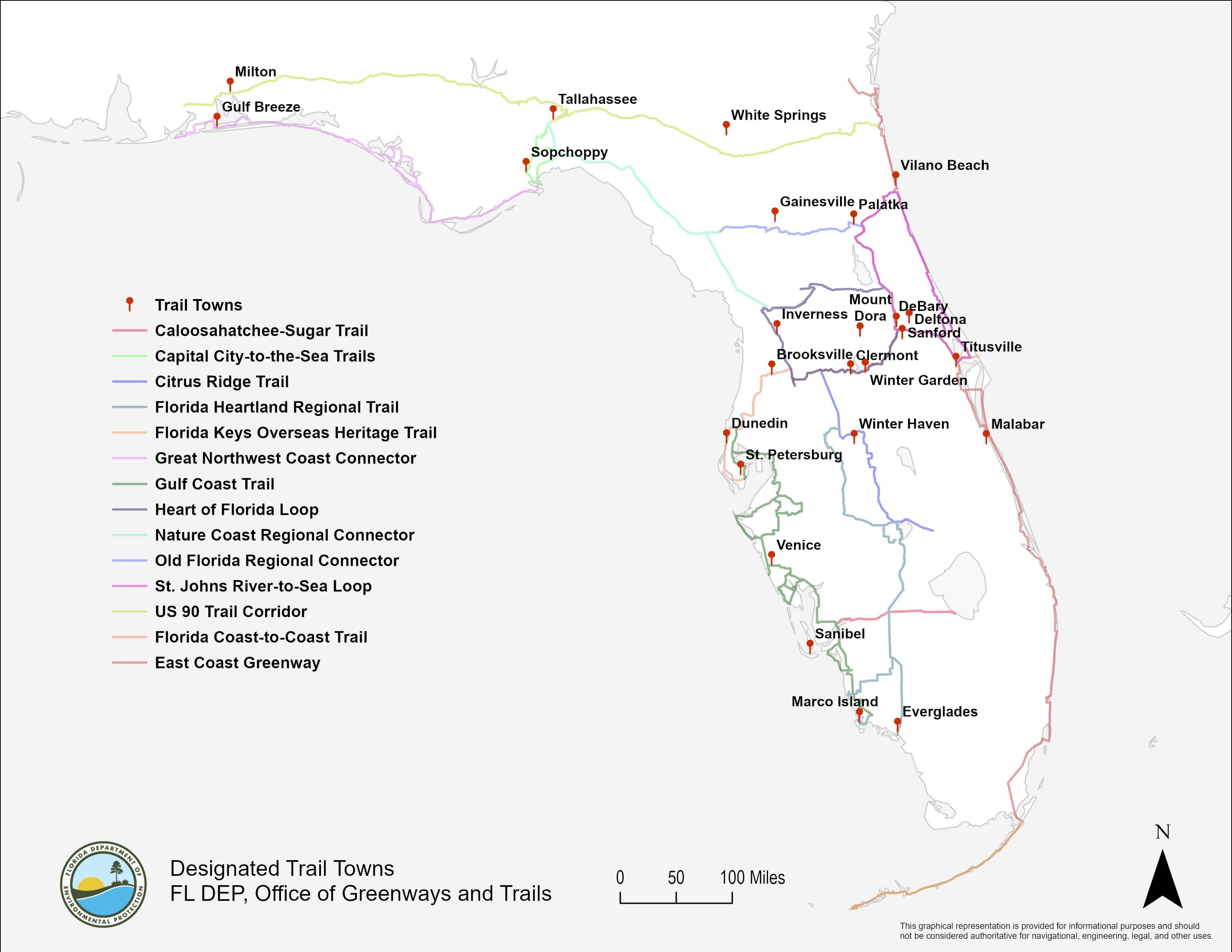 Trail Town Map with 25 Trail Towns and Regional Trails