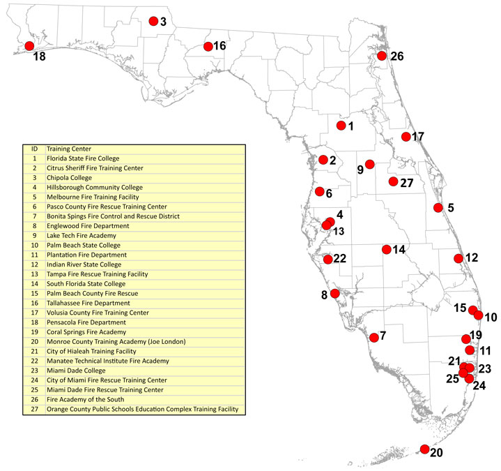 Map of current Florida certified fire training facilities with reported usage of Aqueous Film Forming Foam (AFFF)