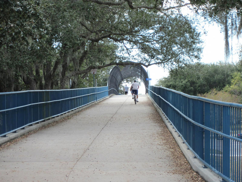 Biking across the Ream Wilson Trail bridge