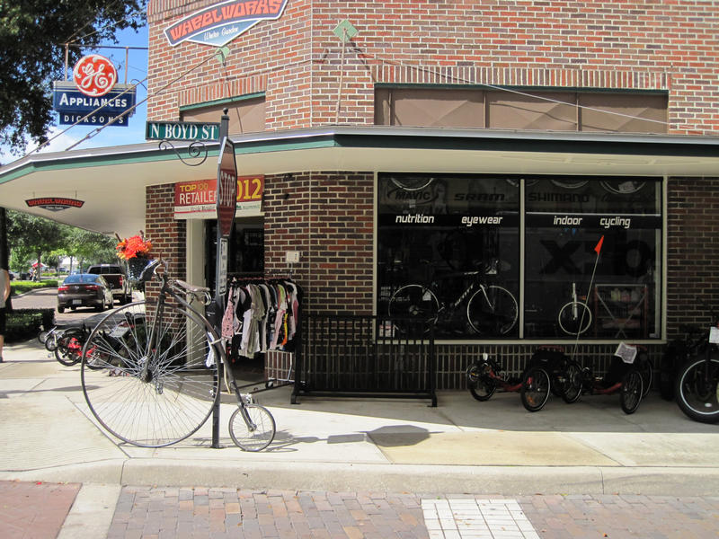 A view of a bike shop on the street corner in Winter Garden Florida