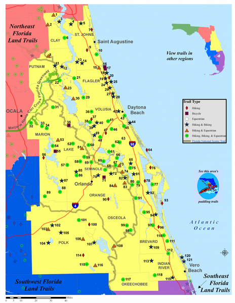 Map showing locations of trails throughout central Florida