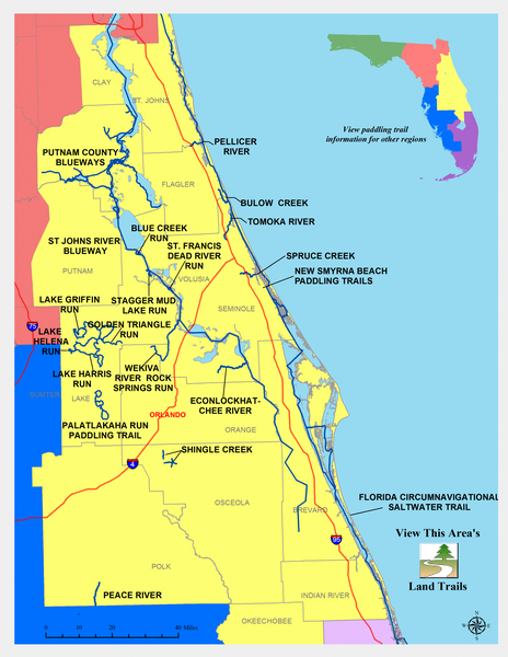 Map showing locations of paddling trails throughout central Florida