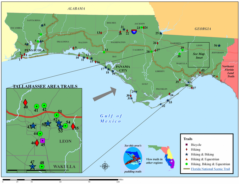 Map showing locations of trails throughout northwest Florida