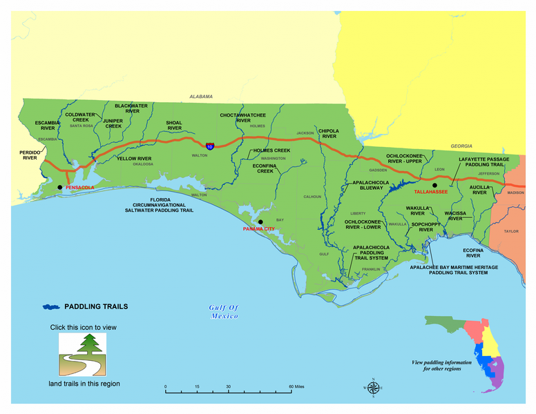 Map showing locations of paddling trails throughout northwest Florida
