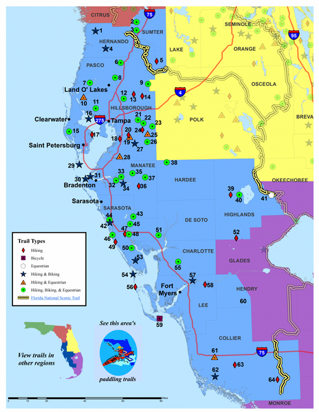 Map showing locations of trails throughout southwest Florida