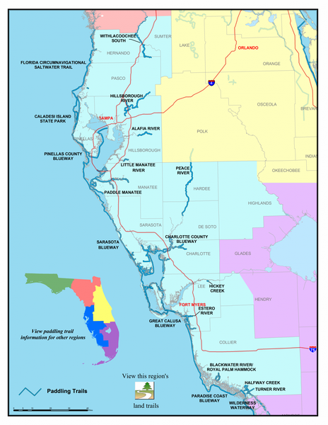 Map showing locations of paddling trails throughout southwest Florida