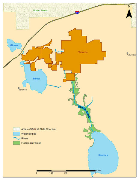 map of the Tenoroc Saddle Creek Restoration Project, located in the Upper Peace River Basin near Lakeland, FL