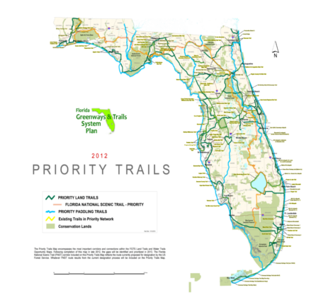 Office of Greenways & Trails System Plan map showing existing trails, Priority Land Trials, Priority Paddling Trails, Conservation Lands and the Florida Scenic National Trail.