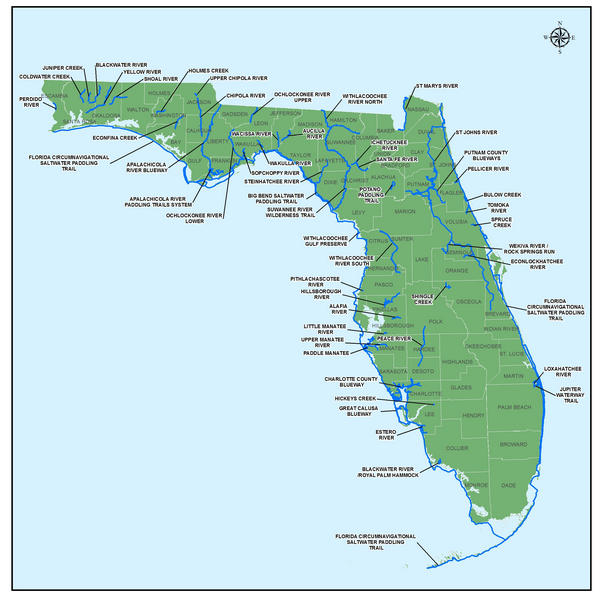 A map of Florida showing state-wide designated paddling trails