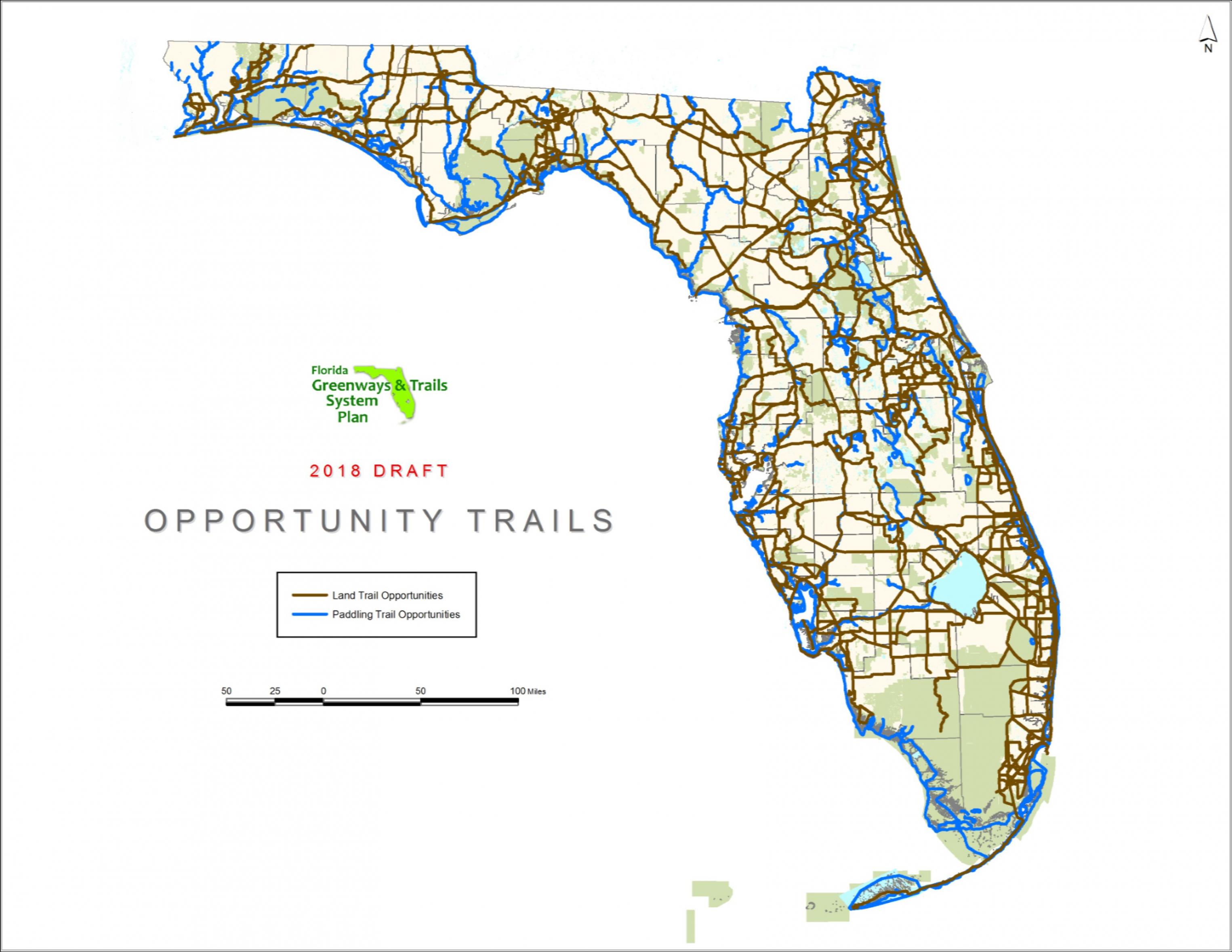 A map of Florida showing the 2018 through 2022 Opportunity Trails from the updated Florida Greenways and Trails System Plan draft.