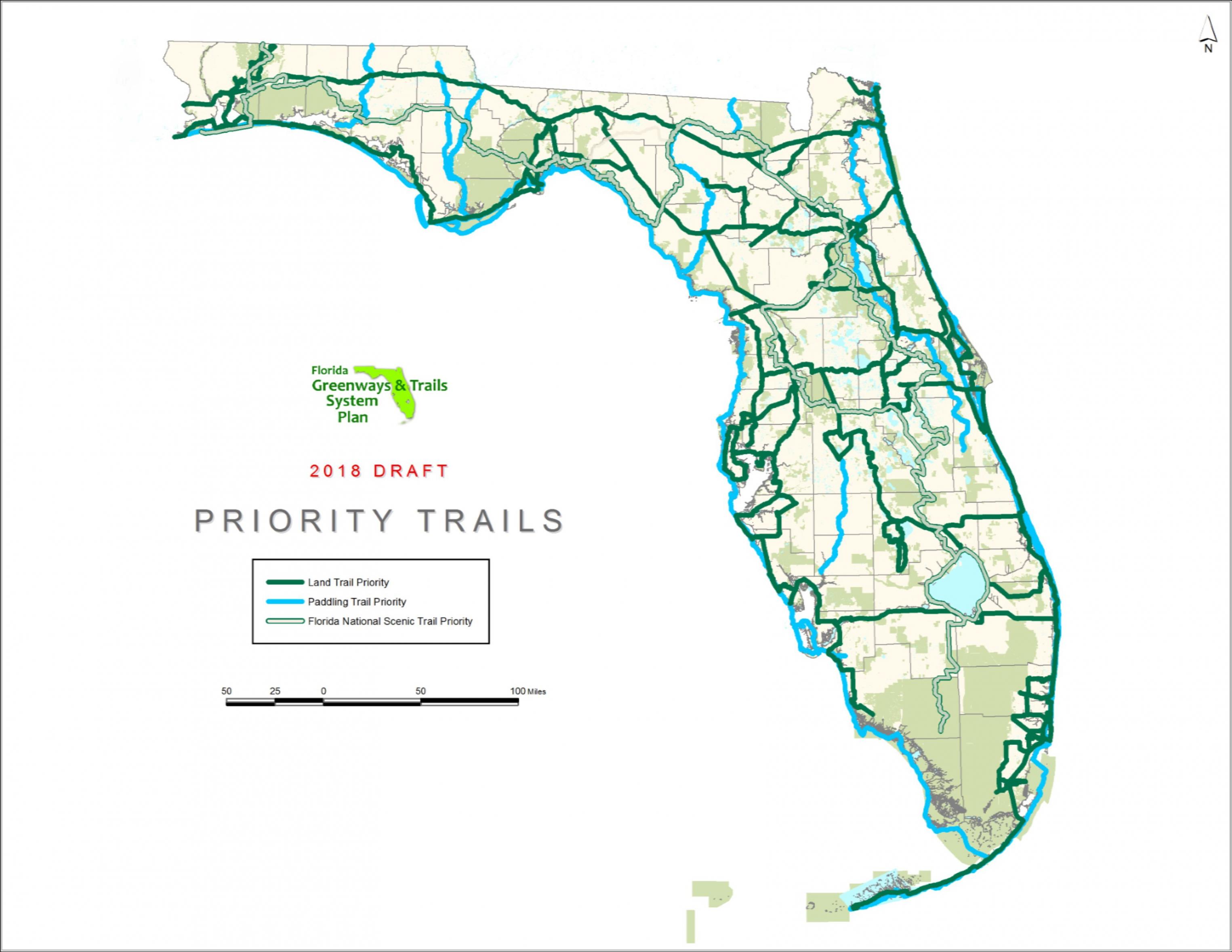 A map of Florida showing the 2018 through 2022 Priority Trails from the updated Florida Greenways and Trails System Plan draft.