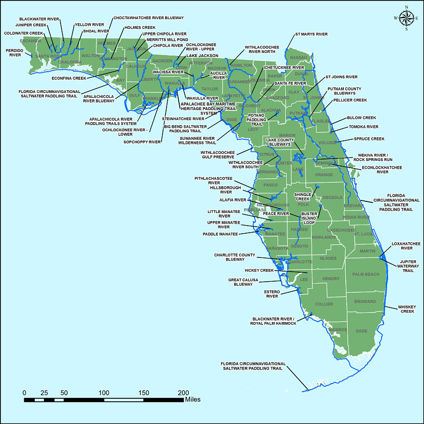 A map showing Florida's designated paddling trails