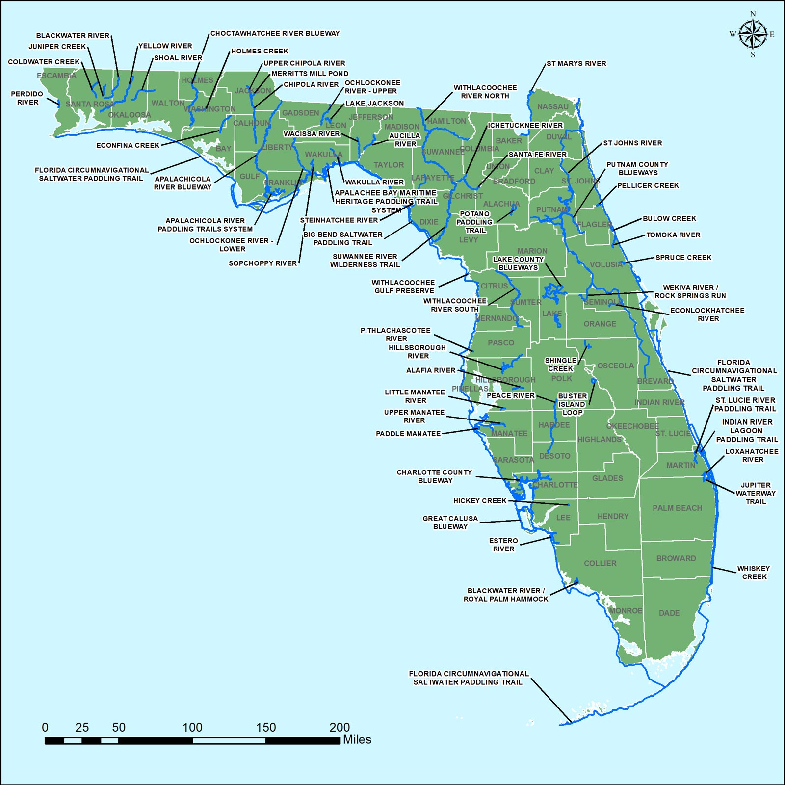 May 2018 map of Florida designated paddling trails by the Office of Greenways and Trails