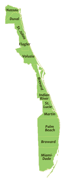 A map showing all of the coastal counties on Florida's Atlantic Coast