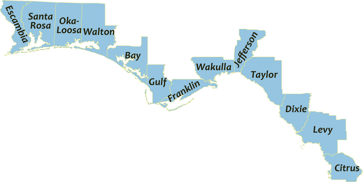 A map showing the coastal counties in the northwest Florida Panhandle