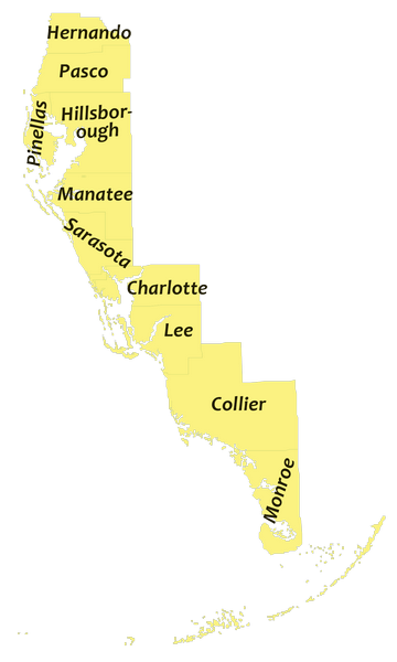 A map showing all of the coastal counties in southwest Florida