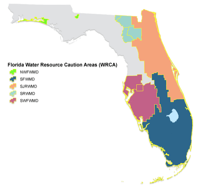 Map showing water resource caution ares within the state of Florida.