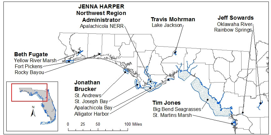 Map of the Northwest region of the SEACAR project. Aquatic Preserves and the Apalachicola National Estuarine Research Reserve within this region are listed along with the preserve managers.