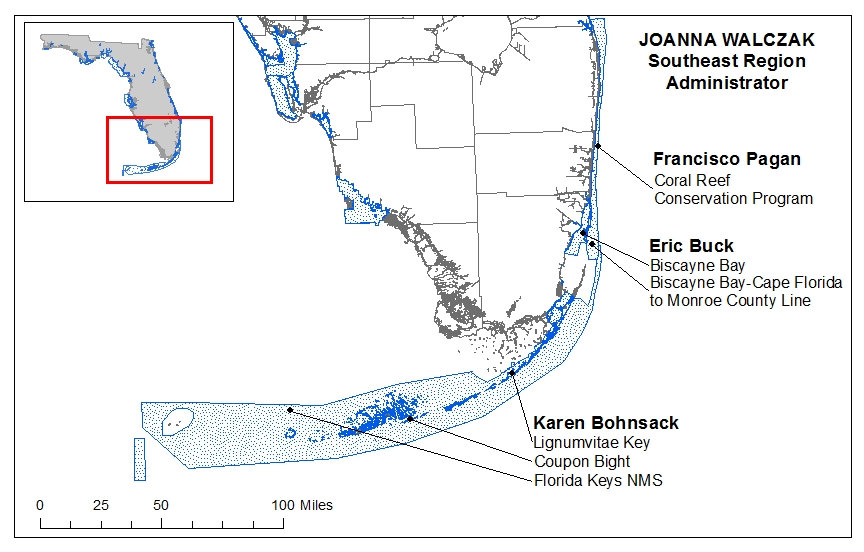 Map of the Northeast region of the SEACAR project. Aquatic Preserves, the Coral Reef Conservation Program and the Florida Keys National Marine Sanctuary within this region are listed along with the preserve managers.