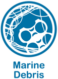 Blue and white web button for marine debris