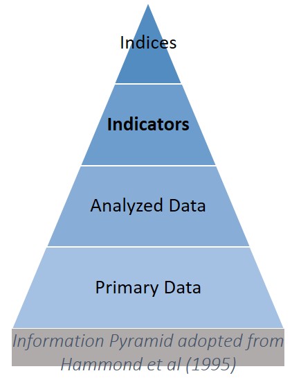 Illustration of the Information Pyramid which describes the relationship between data, indicators and indices (Hammond et al. 1995)