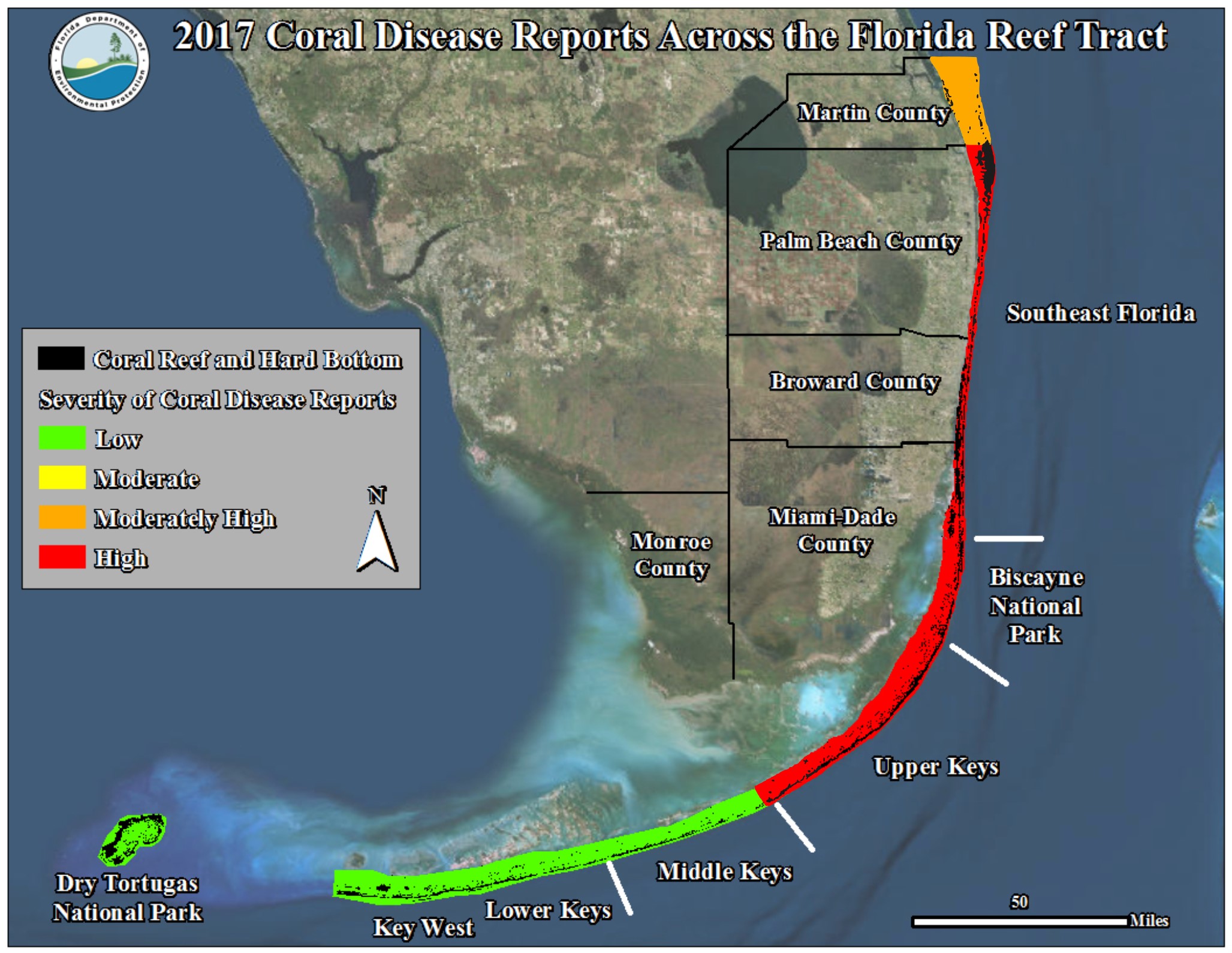 A map showing the severity of diseased coral in southeast Florida ranging from low to high.