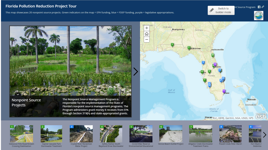 Screenshot showing the Non-point Source Projects interactive story map that shows DEP and EPA funded projects.