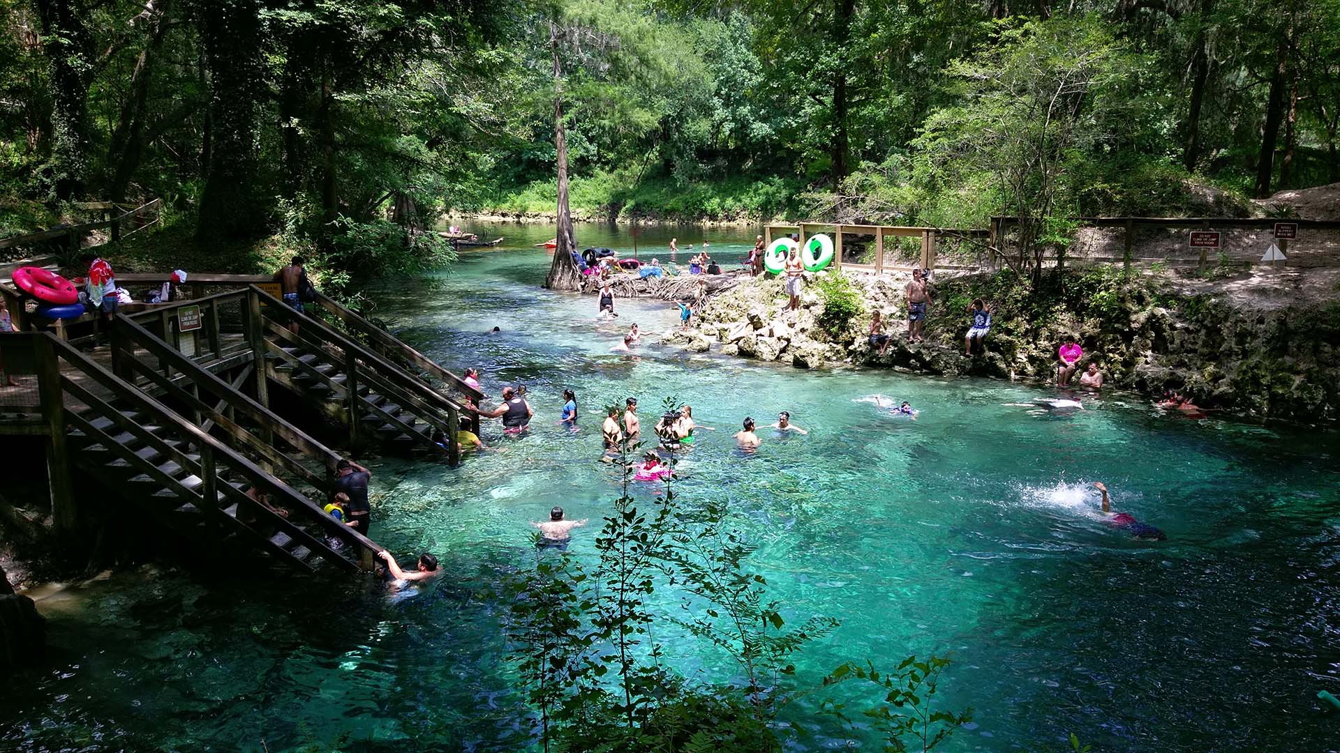 People swimming at the main spring and in the river Madison Blue Spring State Park.