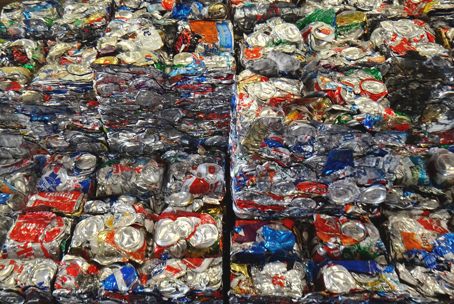 Closeup photo of crushed aluminum cans at the Marpan recycling facility