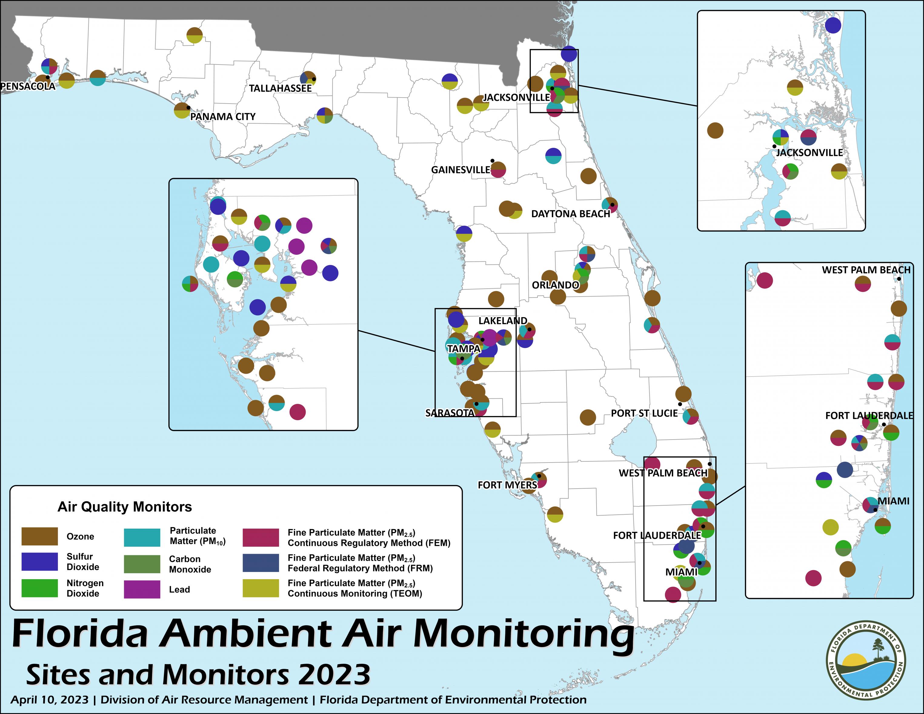 Map of Florida depicting the state’s Ambient monitoring network, which is located in 37 counties, in