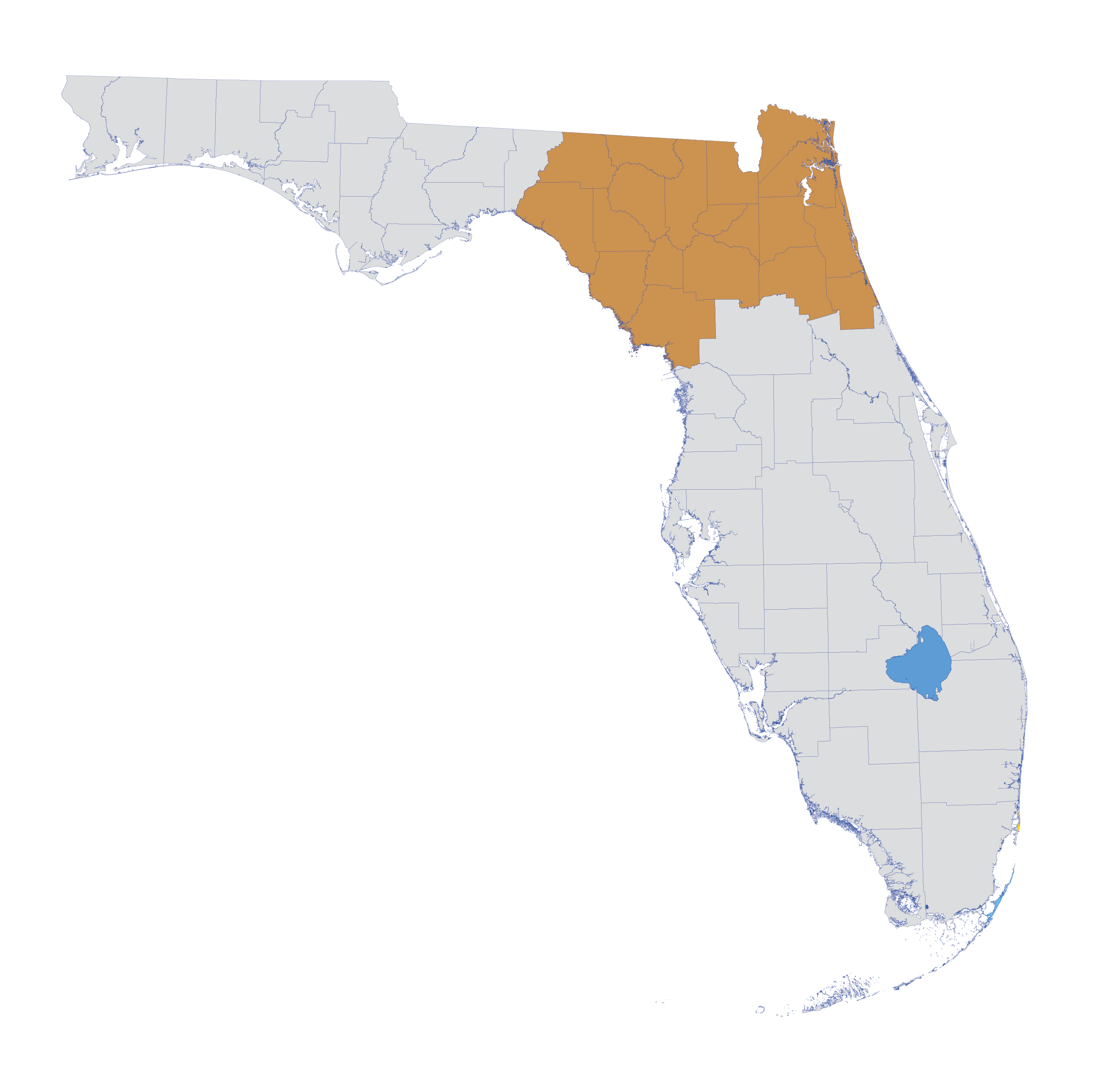 Florida map with Northeast District counties highlighted