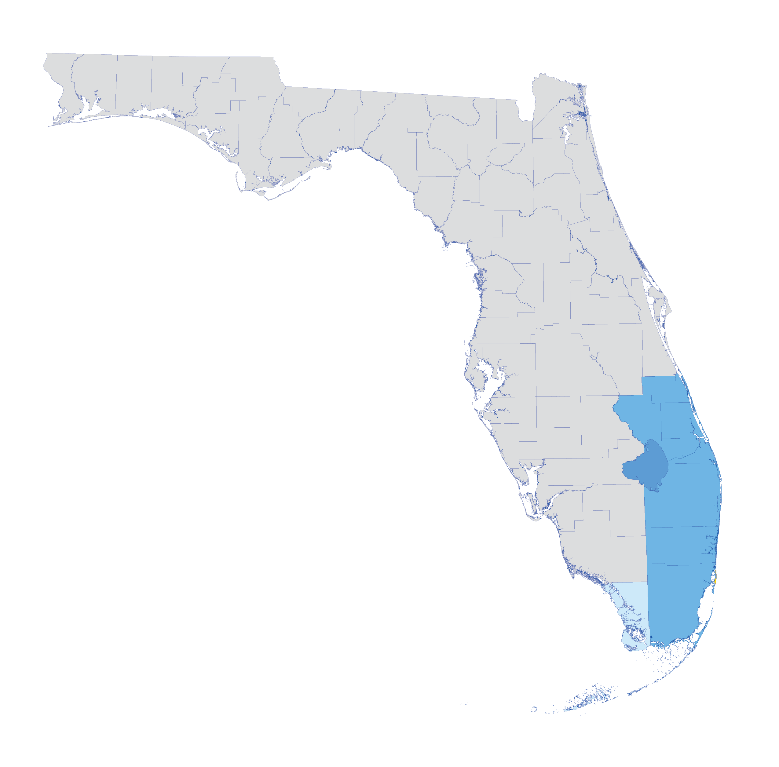 Florida map with Southeast District counties highlighted
