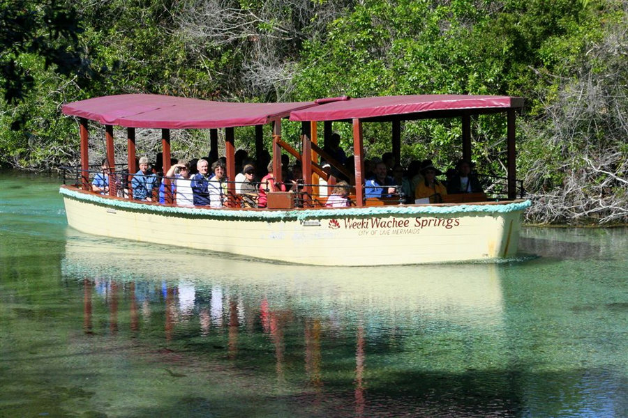 A group of people on a tour boat going down the river at Weeki Wachee Springs State Park