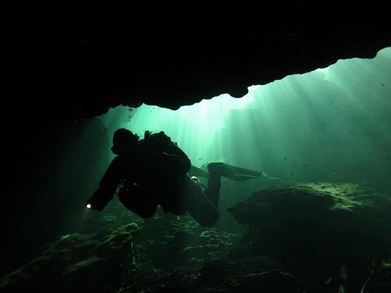 A scuba diver entering the cave at Wes Skiles Peacock Springs State Park