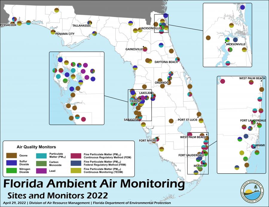 Map showing 2018 Ambient Air Monitoring Sites throughout the state of Florida. Click to open a downloadable PDF.