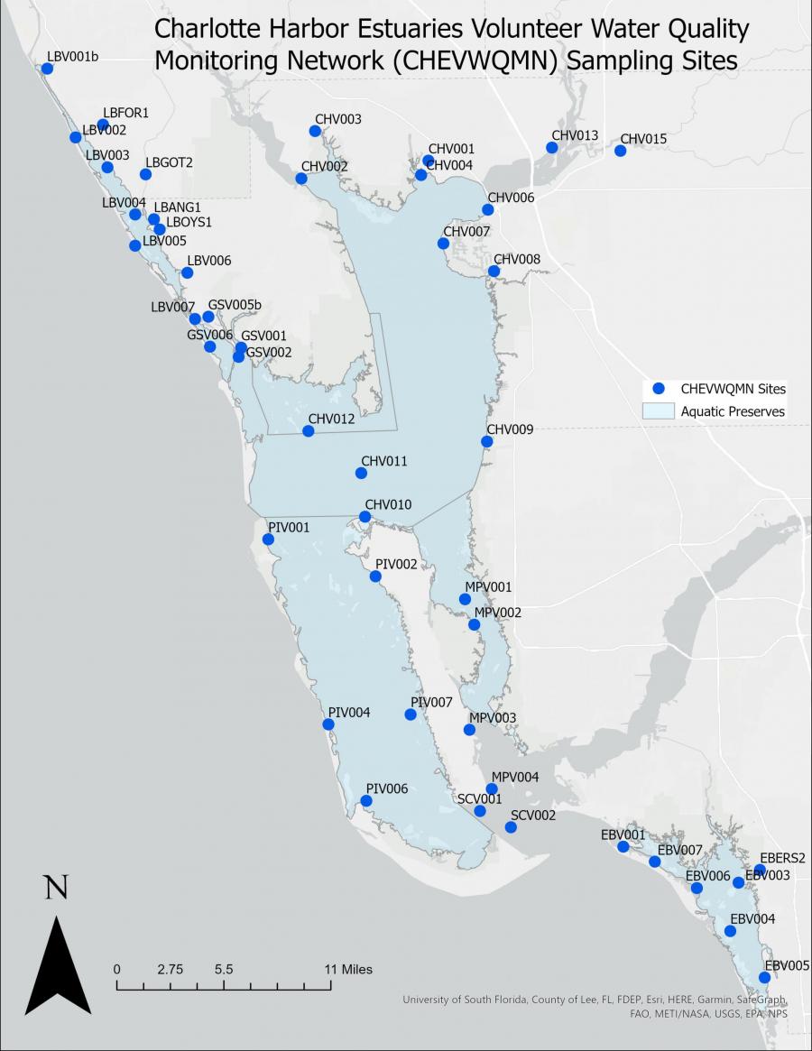 map of water quality monitoring sites in Charlotte Harbor
