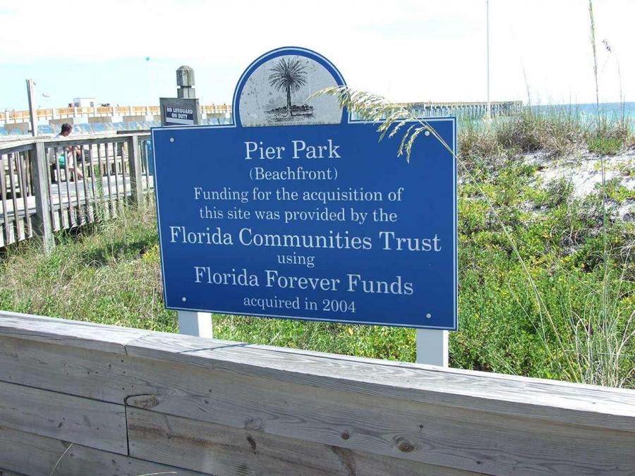 Florida Communities Trust, Florida Forever Funding sign at Pier Park in Panama City Beach