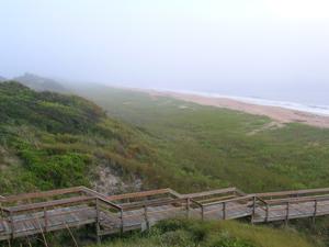 A view overlooking the dunes and beach boardwalk