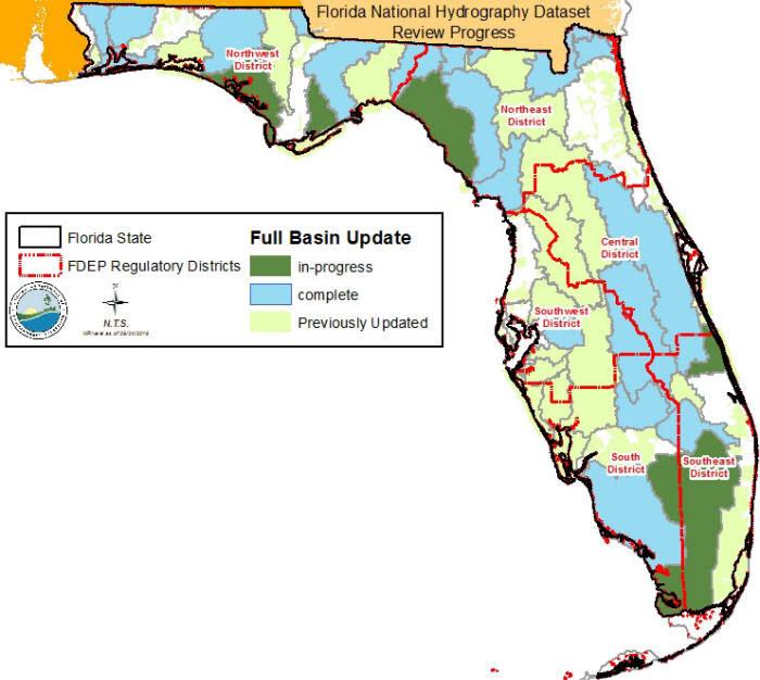 Map of Florida showing progress of high resolution National Hydrography Dataset revision in Florida