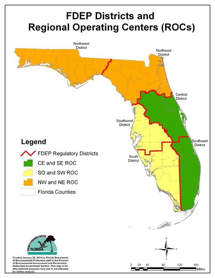 Map of Florida DEP Regional Operating Center Boundaries (ROCs)