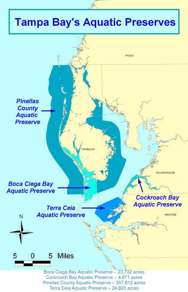 Map showing all four aquatic preserves in the Tampa Bay area