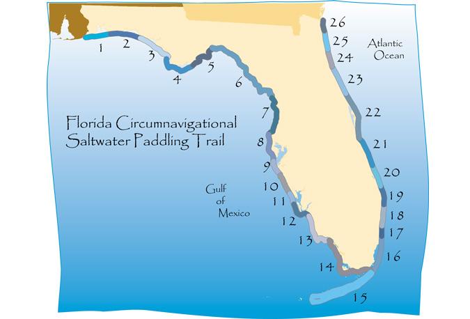 Map showing segments along the coast for the Florida Circumnavigational Saltwater Paddling Trail