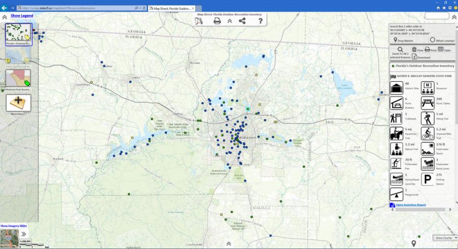 A screenshot of the Outdoor Recreation Inventory Map Direct application showing locations in Leon County, Florida.