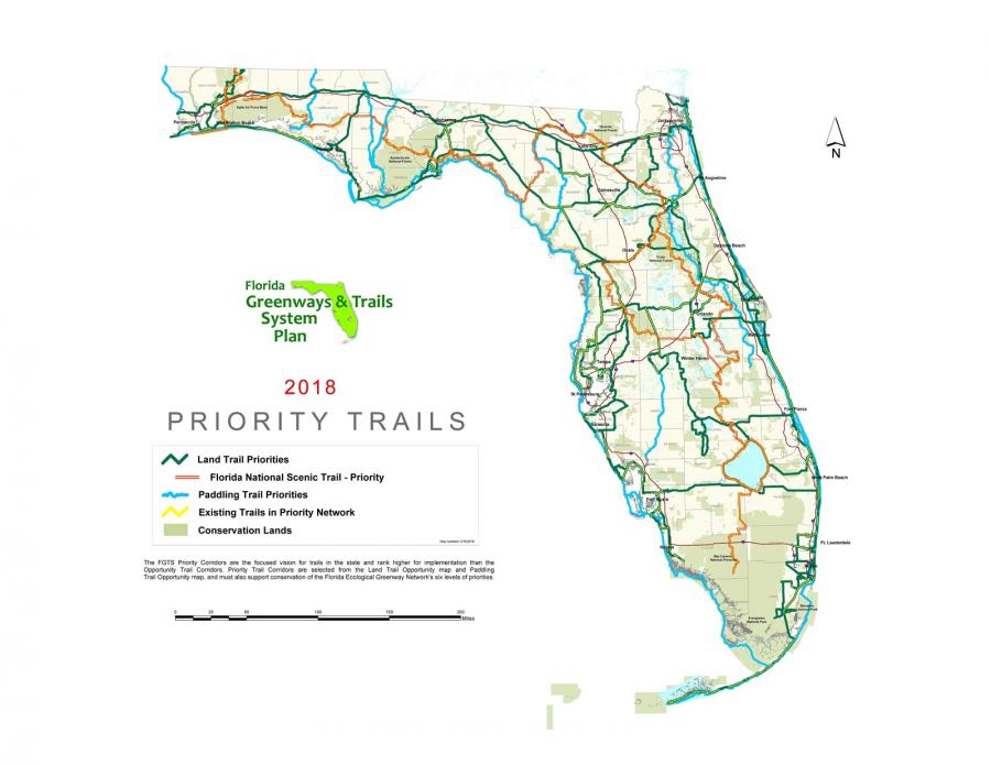 A map showing the 2018 Priority Trails as part of the Florida Greenways and Trails System Plan